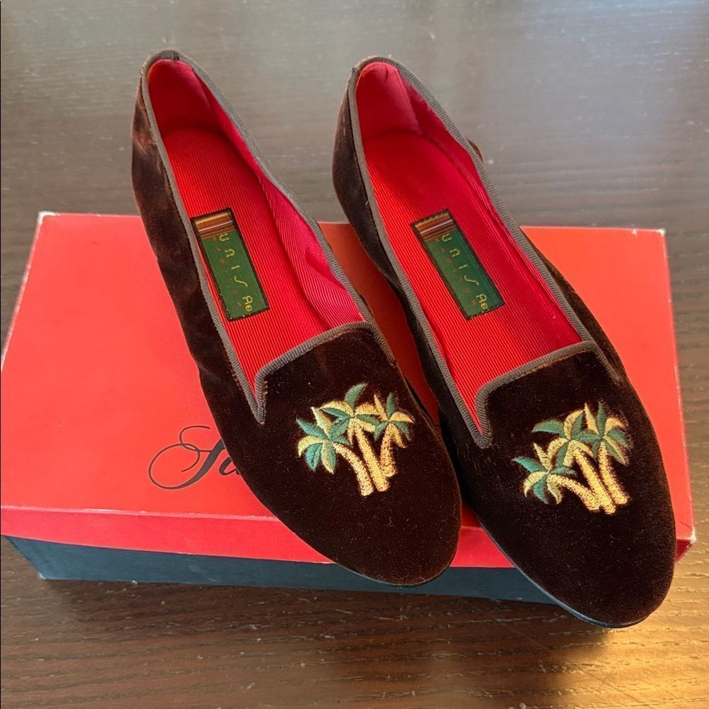 Unisa Brown Velvet Loafers with Palm Tree Design